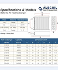 Specifications for 16x17 Water To Air Heat Exchanger With 1 Inch Copper Ports And Hot Water Coil, aluminum and copper details