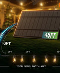 Diagram showing 54 Foot Solar String Lights Outdoor Waterproof with 48ft solar panel, illustrating wire lengths for setup.