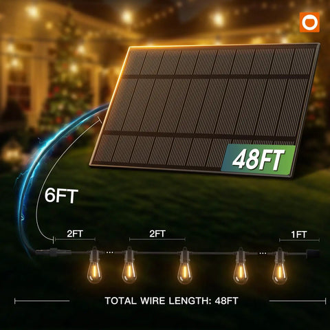 Diagram showing 54 Foot Solar String Lights Outdoor Waterproof with 48ft solar panel, illustrating wire lengths for setup.