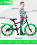 20 Inch Freestyle BMX Bike for Beginners With 360 Degree Handlebar, 4 Pegs, U Brake, Adjustable Seat, size guide with child model