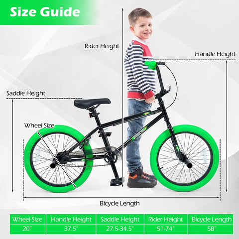 20 Inch Freestyle BMX Bike for Beginners With 360 Degree Handlebar, 4 Pegs, U Brake, Adjustable Seat, size guide with child model