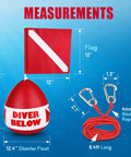 Self Righting Inflatable Surface Marker Buoy With Dive Down Flag And 8ft Rope For Freediving And Scuba Training, showing size.