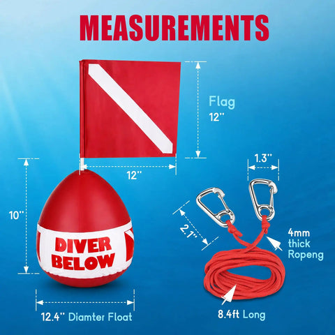 Self Righting Inflatable Surface Marker Buoy With Dive Down Flag And 8ft Rope For Freediving And Scuba Training, showing size.