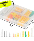 Drywall Anchors And Screws Kit With 100 Pieces, 50 Plastic Wall Anchors and 50 Metal Screws in clear organizer box