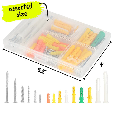 Drywall Anchors And Screws Kit With 100 Pieces, 50 Plastic Wall Anchors and 50 Metal Screws in clear organizer box