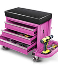 3-Drawer Rolling Mechanic Seat With Storage Tray, 350 Lbs Capacity, Purple Work Stool on Wheels, open drawers and side tool tray