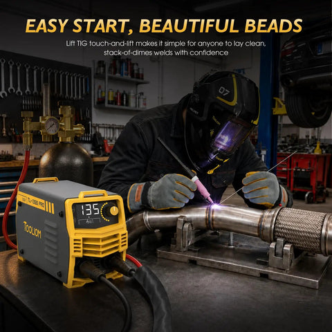 Garage Ready Bang-For-Your-Buck 135A Stick And Lift TIG Arc Welder With 110V Power in use for precise welding on metal pipe
