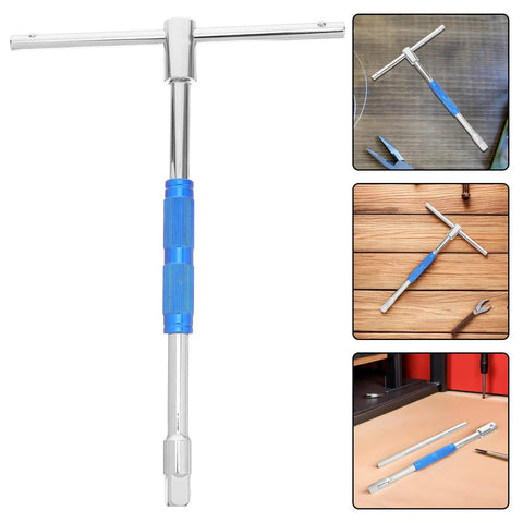Adjustable Hex Socket Wrench With Ratcheting T Handle And Ergonomic Grips For Heavy Duty Vehicle Repair And Auto Maintenance Built Tough, blue handle, durable steel.