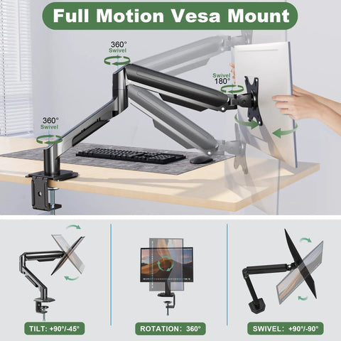 Heavy Duty Single Monitor Mount Arm For 17 To 32 Inch Flat Or Curved Screens Swivel Tilt High Reach Aluminum Desk Stand in full motion.