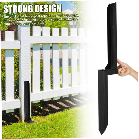 Heavy Duty Fence Post Repair Stakes Ground Spike Anchor Kit Weather Resistant For Quick Installation And Rock Solid Fence Support In Garden Backyard Patio And Yard Two Pack shown installed on white fence post
