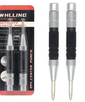 Two Piece Automatic Center Punch Set, 6 Inch Hardened Steel, Spring Loaded, One Hand Operation, Adjustable Knurled Cap