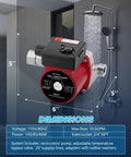 Instant Hot Water Recirculating Pump Kit With 304 Stainless Adjustable Bypass Valve And Smart Plug For Tank Heaters showing dimensions and features.