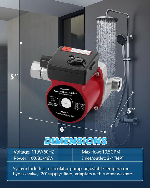 Instant Hot Water Recirculating Pump Kit With 304 Stainless Adjustable Bypass Valve And Smart Plug For Tank Heaters showing dimensions and features.