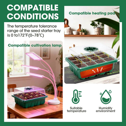 Five Pack Seed Starter Tray Kit With Humidity Dome And Transparent Drain Hole Base For 60 Cell Trays Indoor Greenhouse Propagator, on wooden table with cultivation lamp and heating pad compatibility visuals.