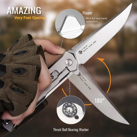 Person holding hard hitting tactical folding pocket knife for men with 14C28N stainless steel blade, fast open feature shown.