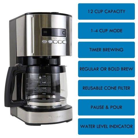 Programmable Drip Coffee Maker With Glass Carafe 12 Cup Capacity Regular And Bold Brew Auto Shut Off Large Water Reservoir