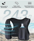 High Visibility Reflective Running Vest Hydration Backpack Plus 500ml Soft Flask shown with ventilation and weight details