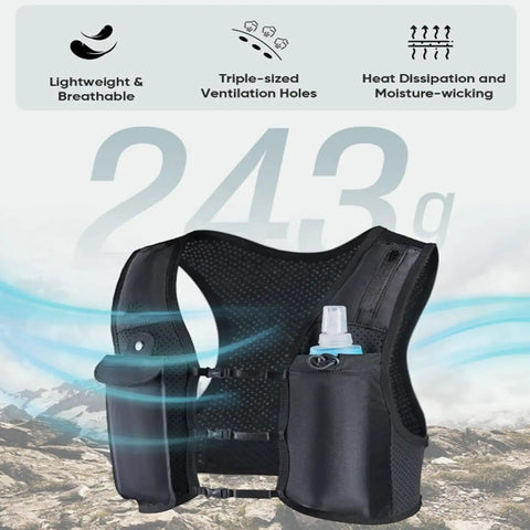 High Visibility Reflective Running Vest Hydration Backpack Plus 500ml Soft Flask shown with ventilation and weight details