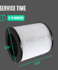 Side view of Top Notch True HEPA Carbon Filter Replacement For Azeus C8 Air Purifier, showing 6.25" x 5.75" dimensions, service time 6-12 months.