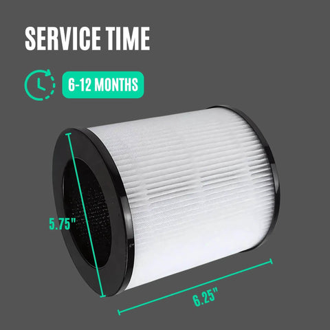 Side view of Top Notch True HEPA Carbon Filter Replacement For Azeus C8 Air Purifier, showing 6.25" x 5.75" dimensions, service time 6-12 months.