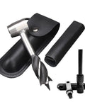 Bushcraft Hand Auger Wrench With Flint Scotch Eye Wood Drill Peg And Manual Hole Maker Multitool in leather case