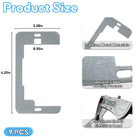 9 Piece Heavy Duty Metal Receptacle Spacers With Insulated Coating To Straighten Out Recessed Walls And Fix Wobbly Outlets For Solid Wall Plate Installation Without Loose Or Sloppy Jacks, showing sizes 4.25 x 2.28 inches.