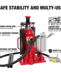 Heavy duty red auto shop tool showcasing durable design, pneumatic bottle jack with manual pump, chrome rod, adjustable air model.