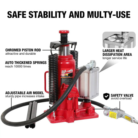 Heavy duty red auto shop tool showcasing durable design, pneumatic bottle jack with manual pump, chrome rod, adjustable air model.