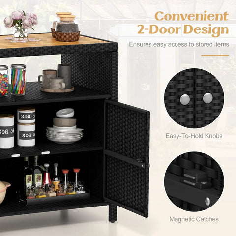 Outdoor Rattan Storage Cabinet With Acacia Wood Countertop Weatherproof Two Door Wicker Sideboard Open Shelf For Quick Access Outdoor Bar Station For Patio Garden Or Poolside Use Black with open storage and decorative items