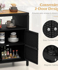 Outdoor Wicker Bar Cabinet With PE Rattan Construction, Durable Acacia Wood Countertop, 2-door design, open shelf view