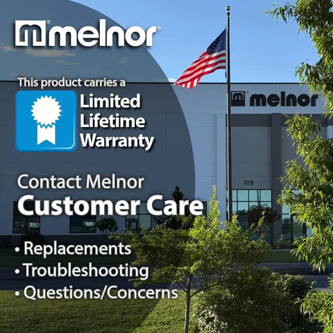 Building with Melnor logo offering customer care for Metal Oscillating Sprinkler With Quick Connect Adapter warranty and support.