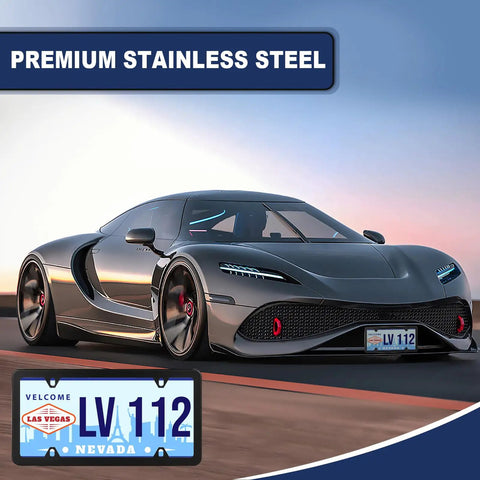 Image of a sleek car with a Two Pack Matte Black License Plate Frames For Cars, Stainless Steel, Weatherproof And Rust Resistant Plate Cover.