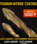 Kick Heavy Duty 4 Flute Drill Tap Combo Bits With Titanium Coated Carbide Tips And Hex Shank For Metal Wood Plastic Concrete That Cuts Fast And Gives Clean Threads On Every Project. Titanium nitride coated drill bit close-up, up to 1200°F