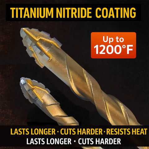 Kick Heavy Duty 4 Flute Drill Tap Combo Bits With Titanium Coated Carbide Tips And Hex Shank For Metal Wood Plastic Concrete That Cuts Fast And Gives Clean Threads On Every Project. Titanium nitride coated drill bit close-up, up to 1200°F