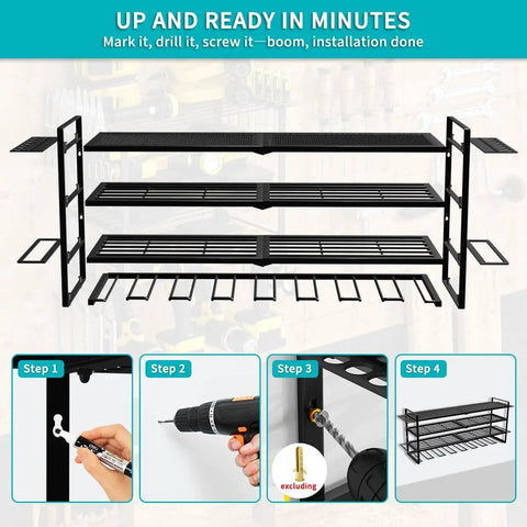 Power Tool Organizer Wall Mount With 200 Lb Capacity, Heavy Duty Metal Rack For Garage, Holds Eight Drills And Tools, Four Layer
