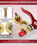Beefy Brass Battery Terminal Connectors Kit, 1 Pair With M8 x 25mm Bolt, Quick Release Cable Ends, shown with red lever