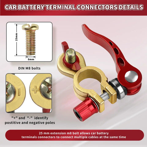 Beefy Brass Battery Terminal Connectors Kit, 1 Pair With M8 x 25mm Bolt, Quick Release Cable Ends, shown with red lever