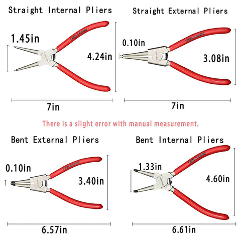4 Pack Snap Ring Pliers Set With Circlip Pliers For Internal And External Rings showing straight and bent tip dimensions