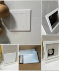 Slick Self Adhesive Access Panel For Hiding Drywall Gaps Concealed Ceiling Door 3x3 inch white panel installed over a utility opening.