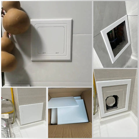 Slick Self Adhesive Access Panel For Hiding Drywall Gaps Concealed Ceiling Door 3x3 inch white panel installed over a utility opening.
