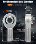 Two Pair One Point Twenty Five Inch Chromoly Steel Heim Joint Rod End Kit dimensions overview with clevis mount and threading data.