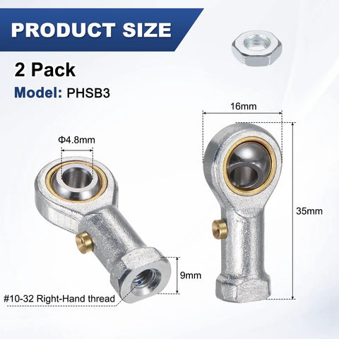 2-Pack PHSB3 Rod End Bearings, Right-Hand Thread 10-32, Self-Lubricating Female Thread Steel Joint With Jam Nuts For Forging Machines, CNC, Auto, Steering Linkages And Automation; 4.8mm bore