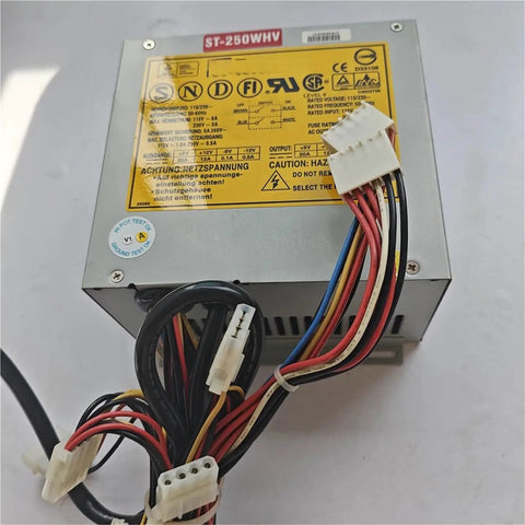 Heavy Duty 250W AT Industrial Computer Power Supply With Grit Tested Reliability Plug And Play Setup rear view with cables.