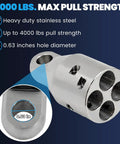 Heavy Duty 4000 Lbs Max Pull Wire Rope Puller Attachment Head showing 0.63in hole and stainless steel construction.