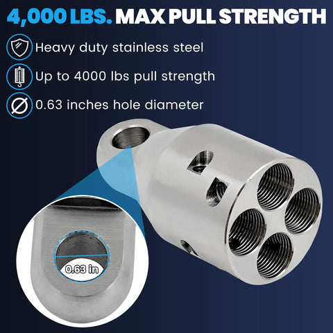 Heavy Duty 4000 Lbs Max Pull Wire Rope Puller Attachment Head showing 0.63in hole and stainless steel construction.