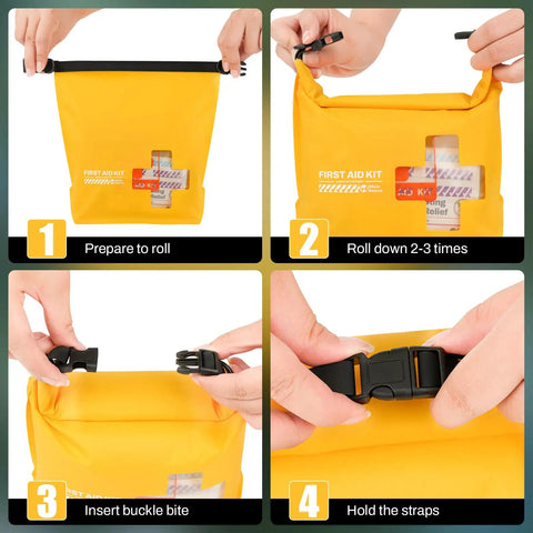Step-by-step use of Waterproof Boat First Aid Kit In A Roll Top Dry Bag For Kayak Fishing And Outdoor Adventures