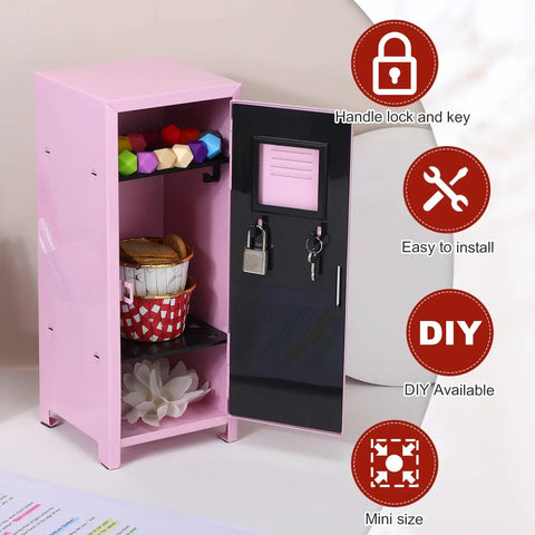 Amp Up Your Desk Setup With This Super Cute Mini Metal Locker Set Of Two Compact Desktop Money Safe With Lock Keys Premium Gloss Stash Box For Cash Jewelry Snacks Light Pink And Yellow with colorful items inside.