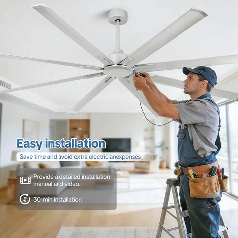 Installation of 84 Inch Large Ceiling Fan No Lights Industrial Quiet DC Motor with 8 Aluminum Blades by technician in modern room.