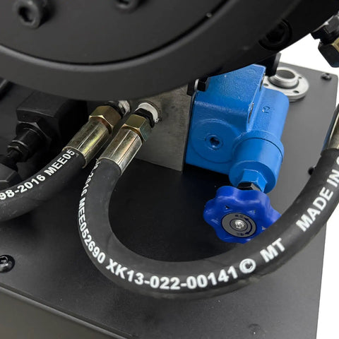 Close-up view of hydraulic connections on the Rock Solid Electric Hose Crimping Machine For Hydraulic Tube Press.