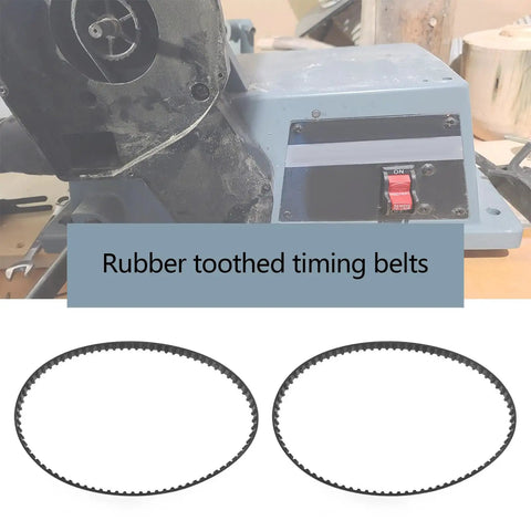 Two Pack 160XL037 Timing Belts 50 Tooth 10mm Wide 406mm Perimeter Cogged Rubber Drive Belt With Fiberglass Cord displayed against machinery backdrop